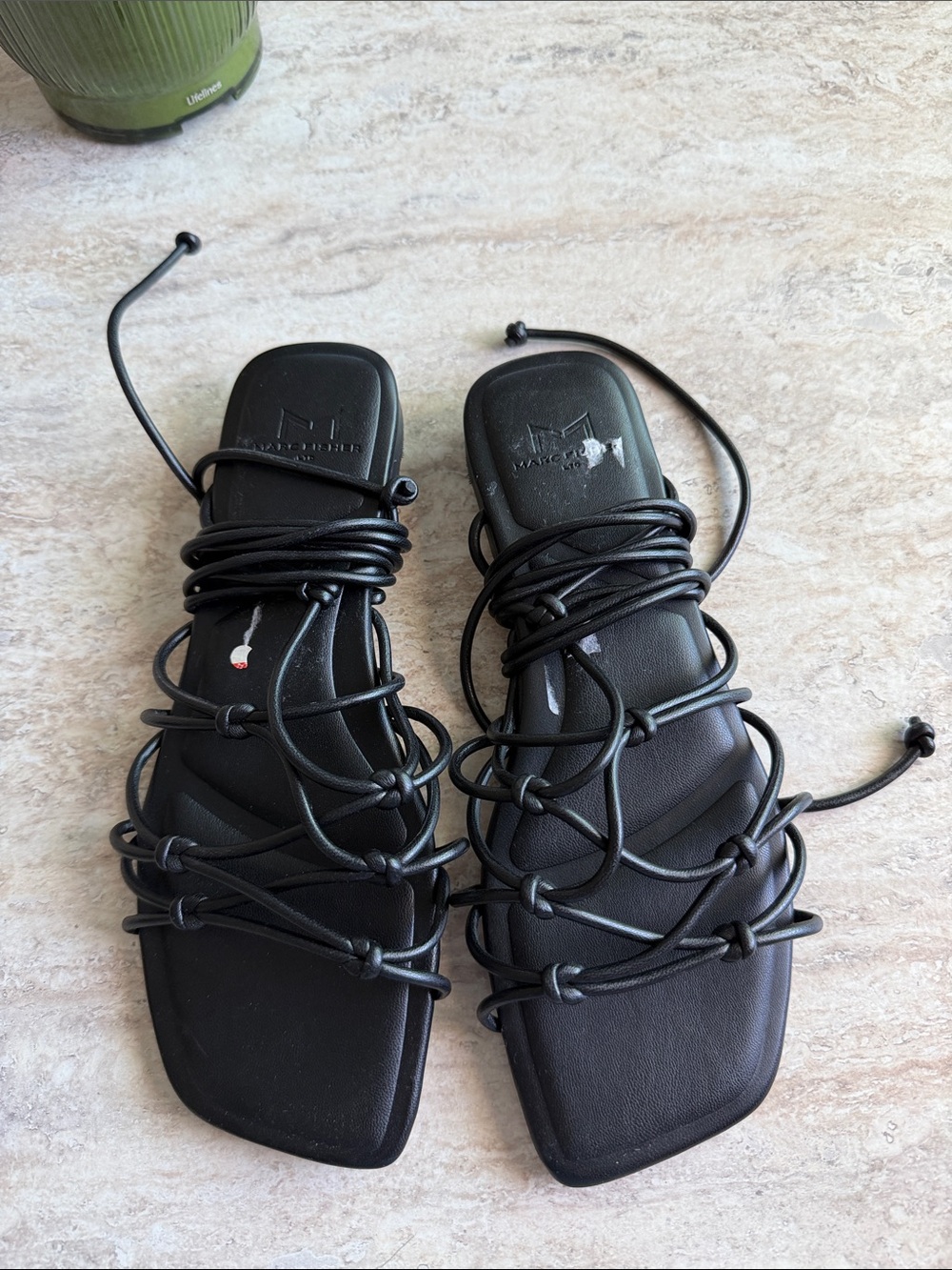 Black Lace-Up Women's Square-Toe Sandals